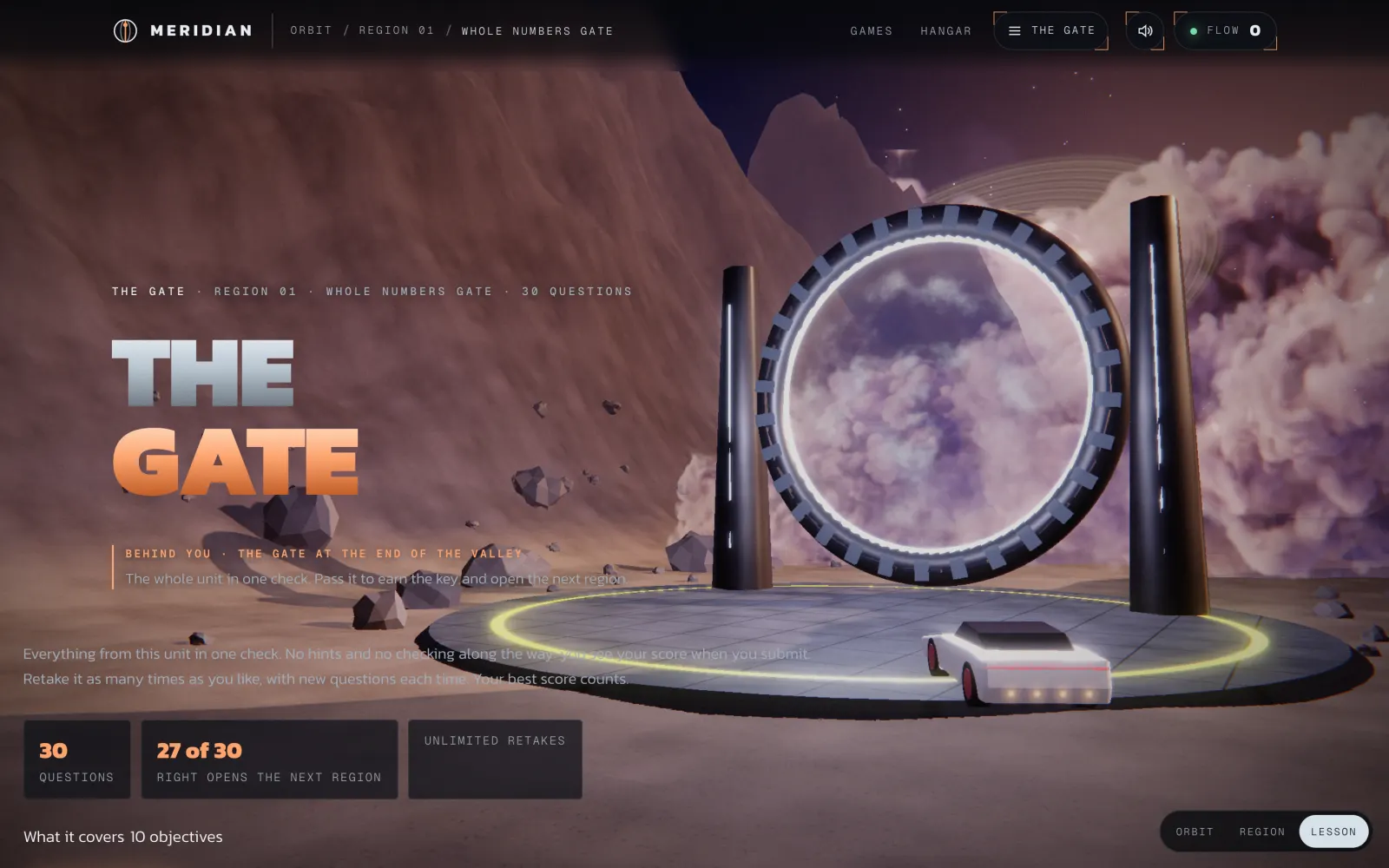 The Gate at the end of the valley: a glowing ring with a car waiting on the platform