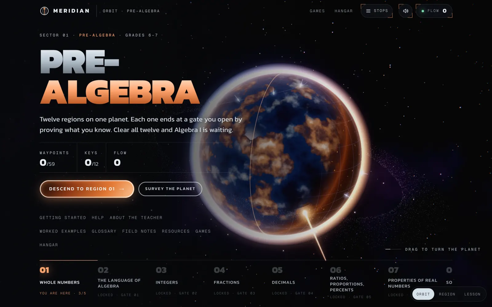 The Pre-Algebra planet from orbit, with twelve regions along a glowing route
